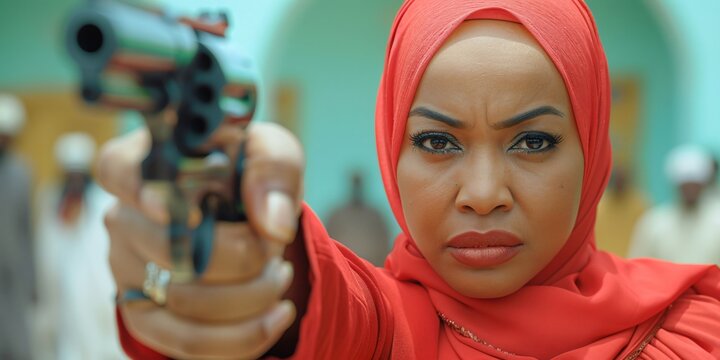 Muslim Woman wer hijab pointing gun wearing red hijab looking serious - Powered by Adobe