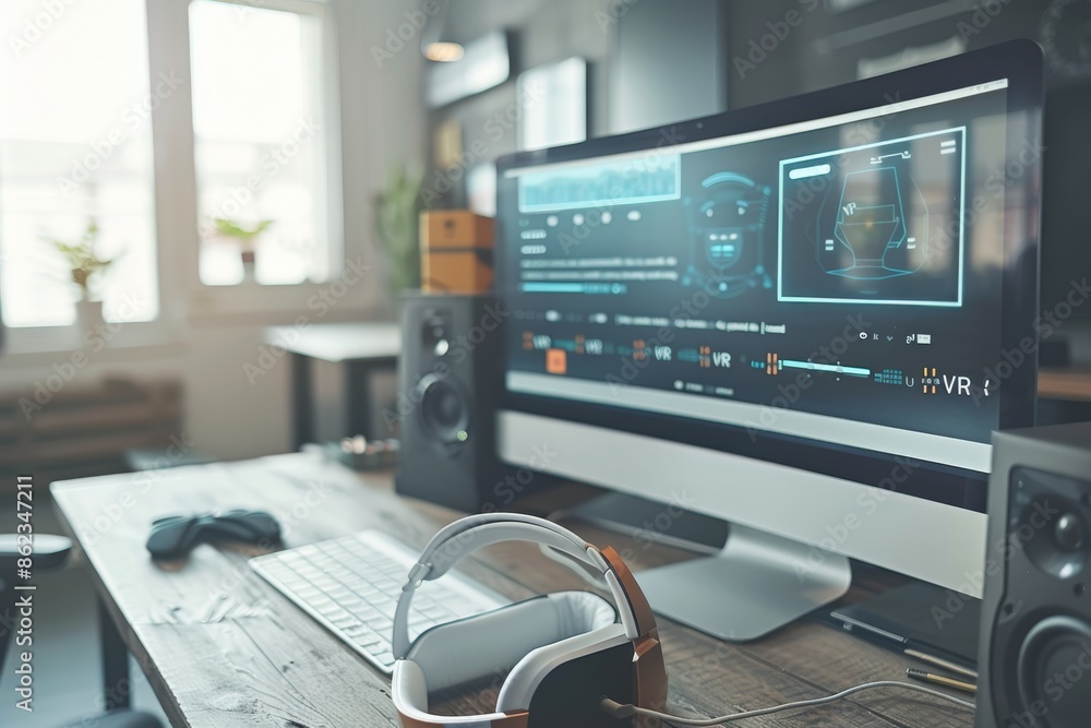 Poster modern workspace with vr headset on a desk, highlighting the integration of virtual reality technolo