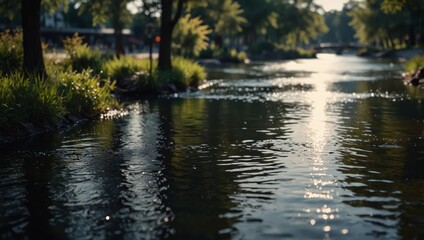 Fototapeta premium Ecological park with river in urban area.
