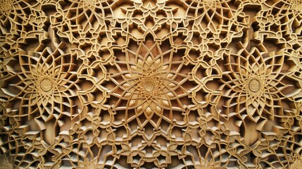 Close-up view of a detailed wooden carving with intricate floral designs