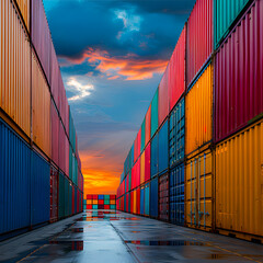 Fototapeta premium Colorful shipping containers stacked in a port with dramatic sunset skies, reflecting on the wet ground, creating a vibrant industrial scene.