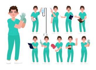 Set of Happy people in nurse uniform with different acting