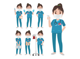 Fototapeta premium Set of Happy people in nurse uniform with different acting