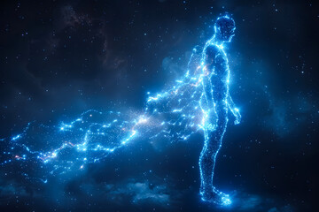 A digital figure composed of glowing blue lines and particles standing in a cosmic galaxy-like background, representing a futuristic or science fiction theme.