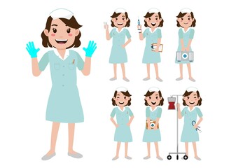 Set of Happy people in nurse uniform with different acting