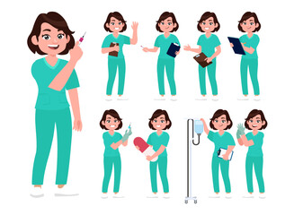 Set of Happy people in nurse uniform with different acting