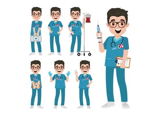 Fototapeta premium Set of Happy people in nurse uniform with different acting