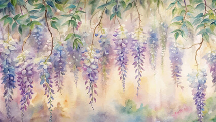 Watercolor background of graceful wisteria vines
