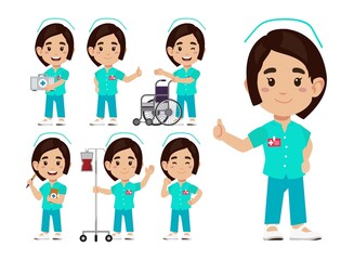 Set of Happy people in nurse uniform with different acting