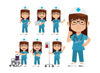 Set of Happy people in nurse uniform with different acting