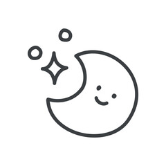 Cute moon icon. Hand drawn monochrome illustration of a smiling crescent and stars isolated on a white background. Kawaii sticker. Vector 10 EPS.