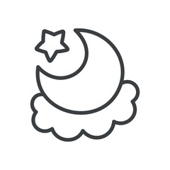 Cute moon icon. Hand drawn monochrome illustration of a crescent moon with a cloud and a little star isolated on a white background. Kawaii sticker. Vector 10 EPS.