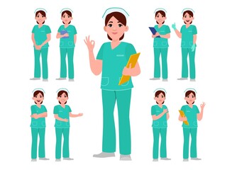 Set of Happy people in nurse uniform with different acting