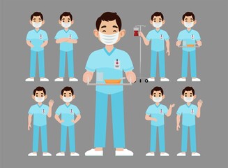 Set of Happy people in nurse uniform with different acting