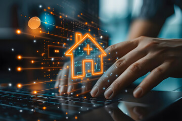 Digital illustration of a smart home concept with a glowing house icon and person working on a laptop, depicting home automation technology.