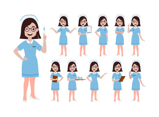Set of Happy people in nurse uniform with different acting