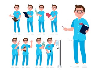 Set of Happy people in nurse uniform with different acting