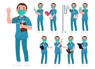 Set of Happy people in nurse uniform with different acting