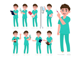 Set of Happy people in nurse uniform with different acting