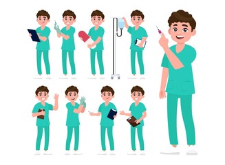 Set of Happy people in nurse uniform with different acting