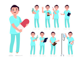 Set of Happy people in nurse uniform with different acting