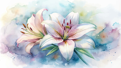 Minimalist watercolor background of blooming lilies