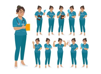 Obraz premium Set of Happy people in nurse uniform with different acting