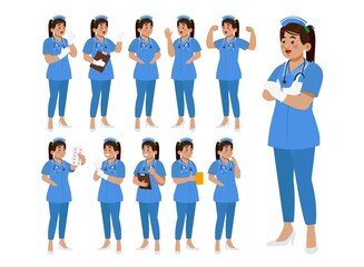 Obraz premium Set of Happy people in nurse uniform with different acting