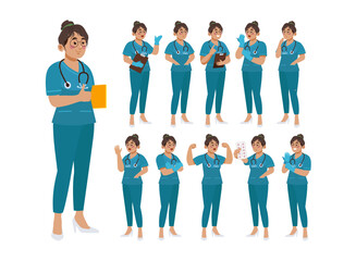 Obraz premium Set of Happy people in nurse uniform with different acting