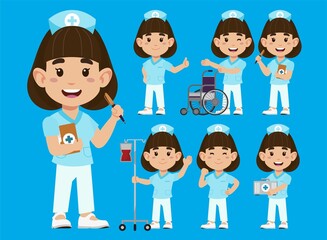 Set of Happy people in nurse uniform with different acting