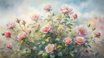 Rustic wild rose bush watercolor background