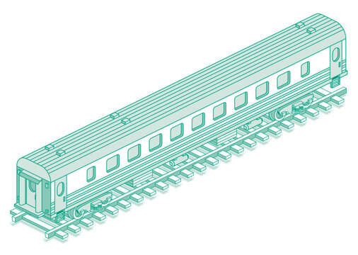 recommend clip art: Isometric passenger railroad car. Outline passenger carriage. Object isolated on white background. Railway. Wagon on rails.