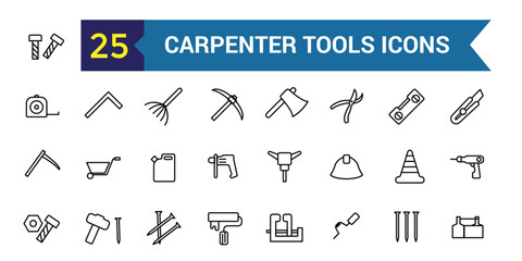 Carpenter tools icons set. Outline set of carpenter tools vector icons for ui design. Outline icon collection. Editable stroke.