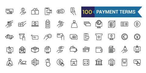 Payment terms icons set outline vector. Card credit. Document recharge. Outline icon collection. Editable stroke.
