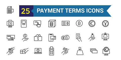 Payment terms icons set outline vector. Card credit. Document recharge. Outline icon collection. Editable stroke.