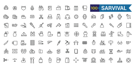 Survival icons set. Outline set of survival vector icons for ui design. Outline icon collection. Editable stroke.