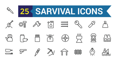 Survival icons set. Outline set of survival vector icons for ui design. Outline icon collection. Editable stroke.