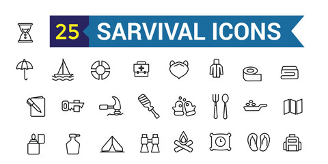 Survival icons set. Outline set of survival vector icons for ui design. Outline icon collection. Editable stroke.