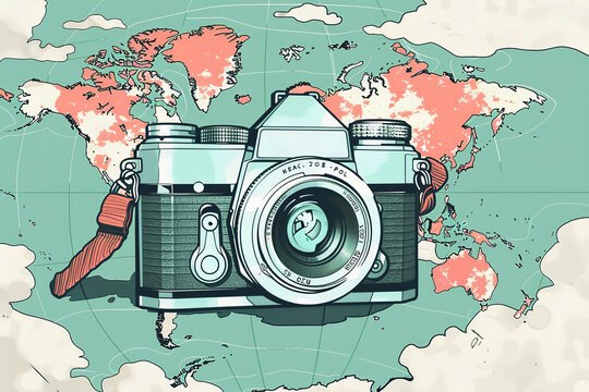 rangefinder camera with world map in background and in lens refl