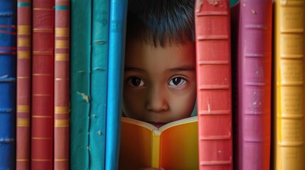 Close up of attractive child reading a book while looking at camera. Elementary student holding fairy tale novel book or bedtime stories surrounded by various book. Creative activity concept. AIG42. © InfiniteFlow