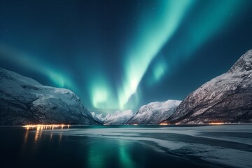 Naklejka premium Stunning Northern Lights Over Snow-Capped Mountains Reflecting in Pristine Lake Under a Starry Night Sky for Nature Lovers and Adventure Seekers, Ideal for Travel Inspiration 