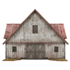 Large wooden barn with red roof and double doors on transparent background clipart