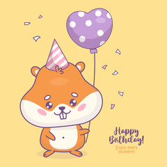 Cute festive hamster in birthday cap with balloon. Holiday postcard with cartoon kawaii character animal. Vector illustration. Kids collection