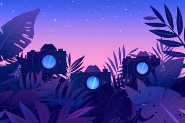 Night magic forest with glowing fireflies and butterflies over mystic purple pond under trees. Nature wood landscape with moonlight fall on water surface, scenery midnight, Cartoon  illustration