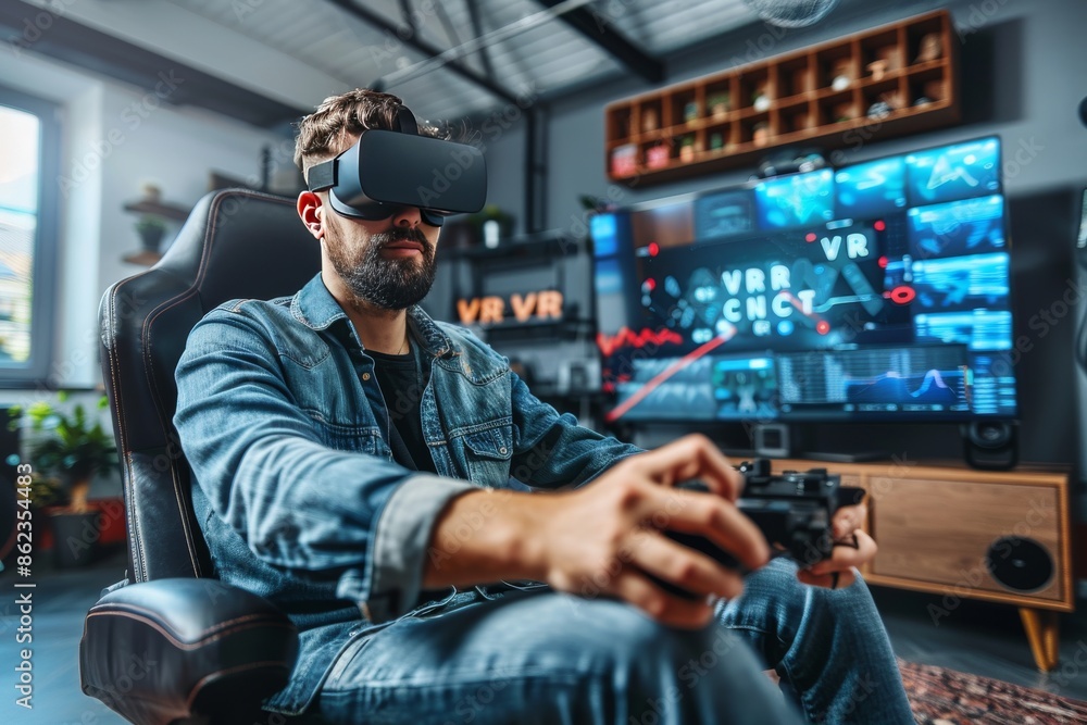 Aufkleber man using a vr headset in a modern home office, engaging with virtual content on multiple screens