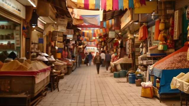 Narrow, colorful alleyway of a bustling Moroccan souk. Stalls lined with diverse goods, from woven baskets to textiles. Shoppers browse amidst warm ambient lighting.
