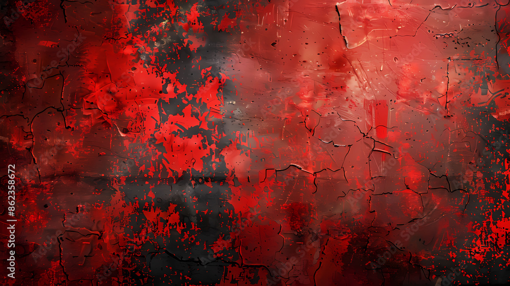 Poster Abstract red and black textured painting with cracked and splattered design