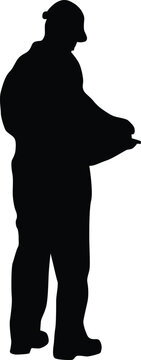 recommend clip art: Construction worker silhouette illustration. Men doing outdoor activity. Construction worker pose wearing safety helmet