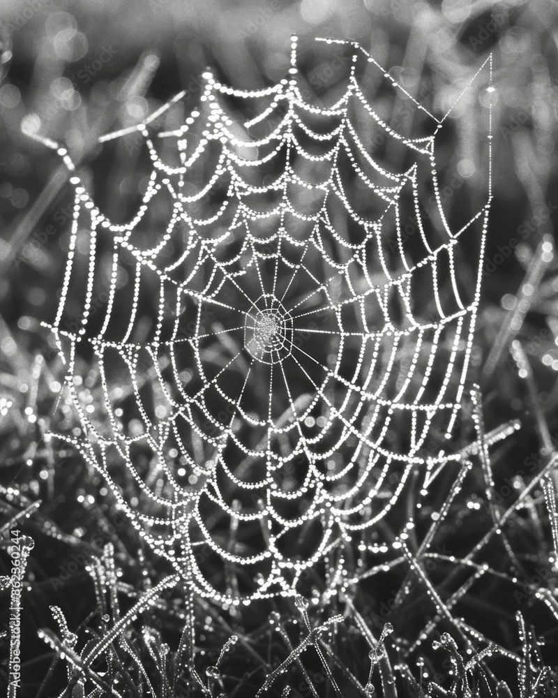 Poster a fragile webbed maze sparkling in the sunlight adorned with dew drops. black and white art
