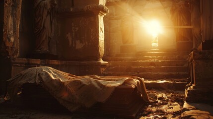 TombShroud and Crucifixion Scene at Sunrise - Religious Stock Image